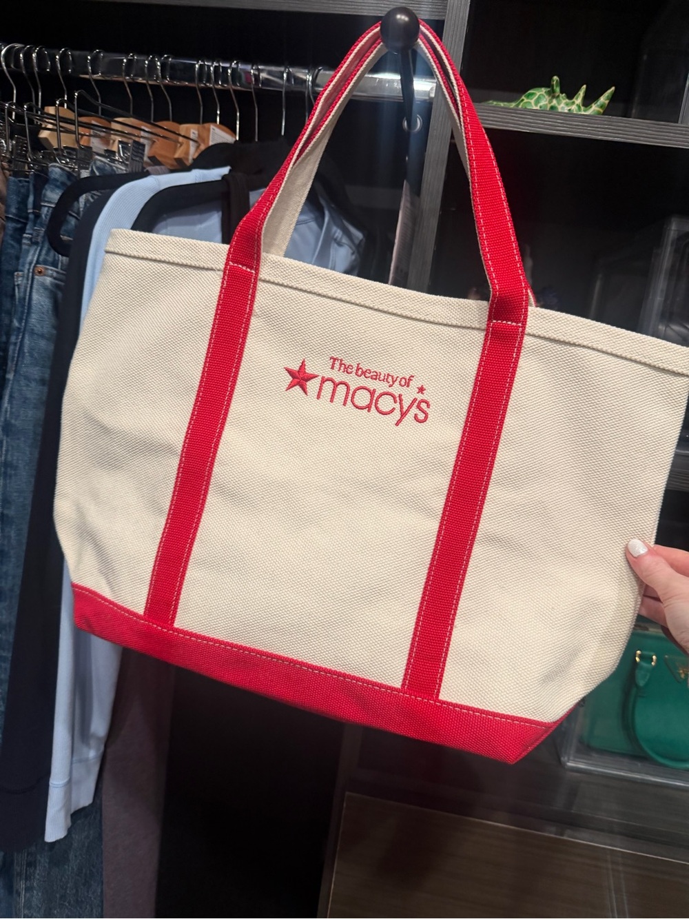 Macy's Cream Canvas Tote with Red Accents